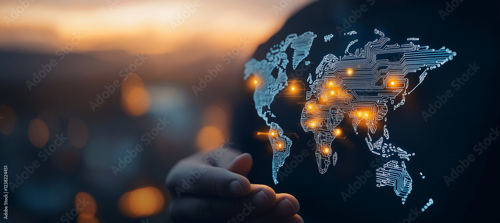 Poster digital world map with circuit board design and glowing lights, symbolizing global connectivity and 