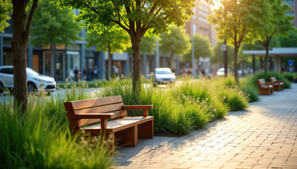 Urban plaza with eco-friendly benches made from recycled materials. Green native plants, sustainable architecture. Sunny day. City street in background. Beautiful public space. Quiet moment. Perfect