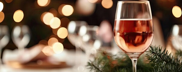 Reunion party concept. Elegant glass of rose wine amidst festive bokeh lights and holiday decorations.