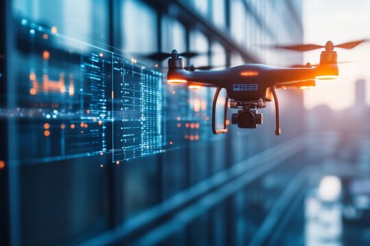 A futuristic drone conducting an automated inspection of a skyscraper, with holographic overlays highlighting structural data and glowing blue lights on the drone