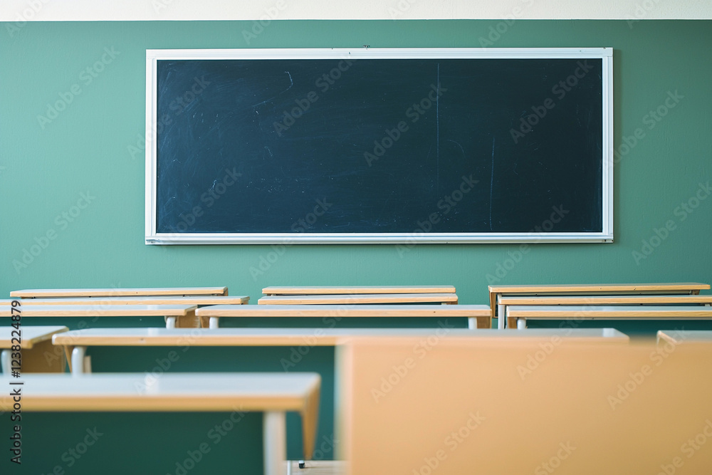 Poster retro classroom setting with blackboard and desks