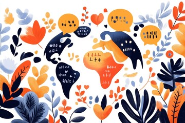 Naklejka premium A geometric depiction of a globe with speech bubbles circling it, each containing simple text in different languages, using bold colors and clean shapes