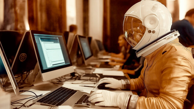 Person in an astronaut suit working at a computer