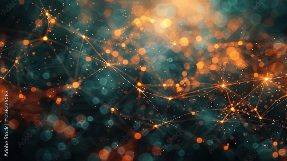 Poster abstract digital network background with glowing orange and teal lines and bokeh