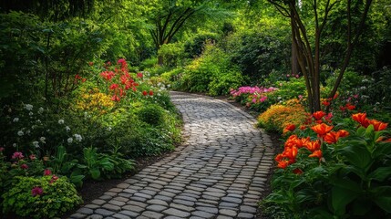 stretching through lush greenery and colorful flowers, offering a tranquil escape.