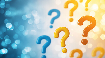 Colorful question marks on blurred background create sense of curiosity and inquiry. vibrant blue and orange hues enhance abstract feel, inviting exploration and thought