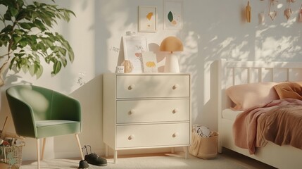 Sunlit bedroom with dresser, chair, and bed.