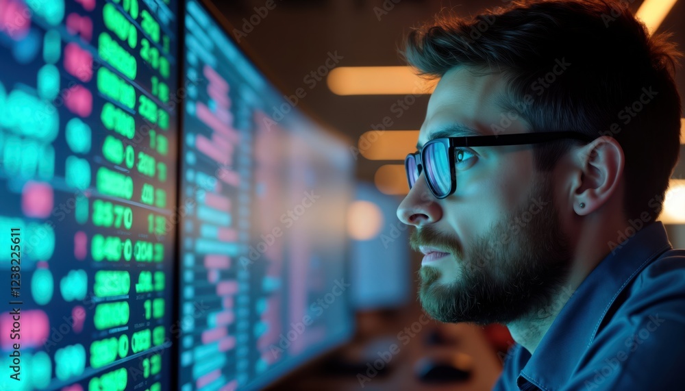 Poster focused man examines computer screen displaying data streams. intrigued by complex information on di