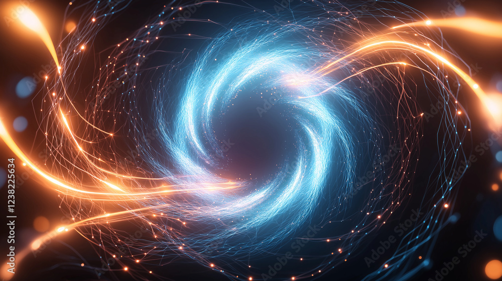 Poster mesmerizing abstract background featuring swirling neon blue and orange lines, creating dynamic vort