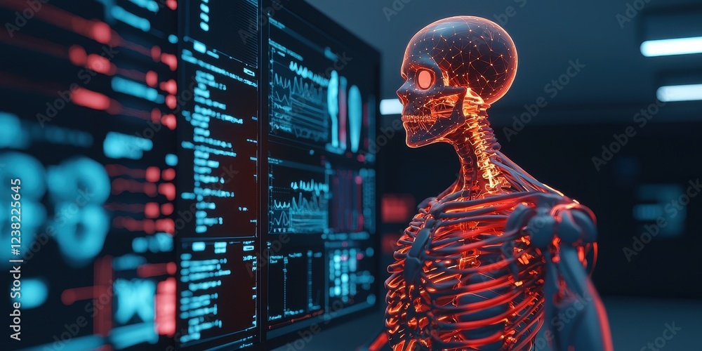 Poster futuristic skeleton with digital interface display