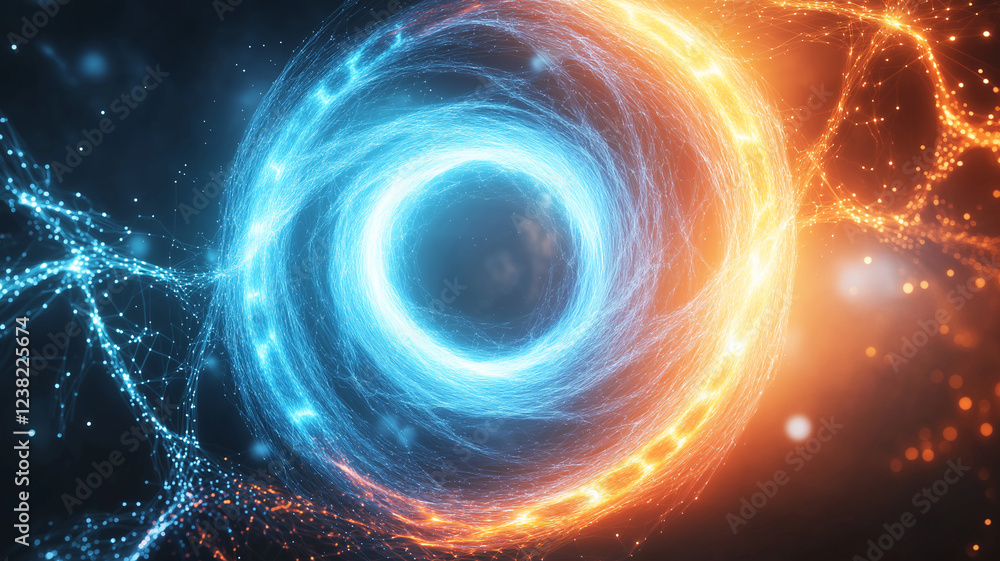 Poster abstract background with glowing blue and orange circular lines, creating dynamic and energetic visu