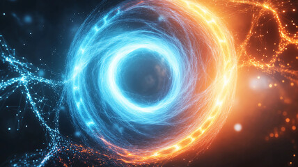 Obraz premium Abstract background with glowing blue and orange circular lines, creating dynamic and energetic visual effect. This design evokes sense of movement and modernity