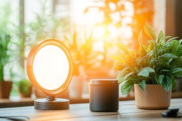 A health coach hosting a webinar and sharing general wellness tips, with a ring light and a laptop setup in a cozy home office