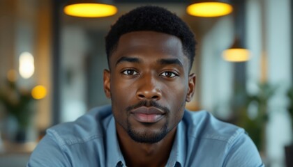 Fototapeta premium Portrait of young african male in casual shirt with warm lighting