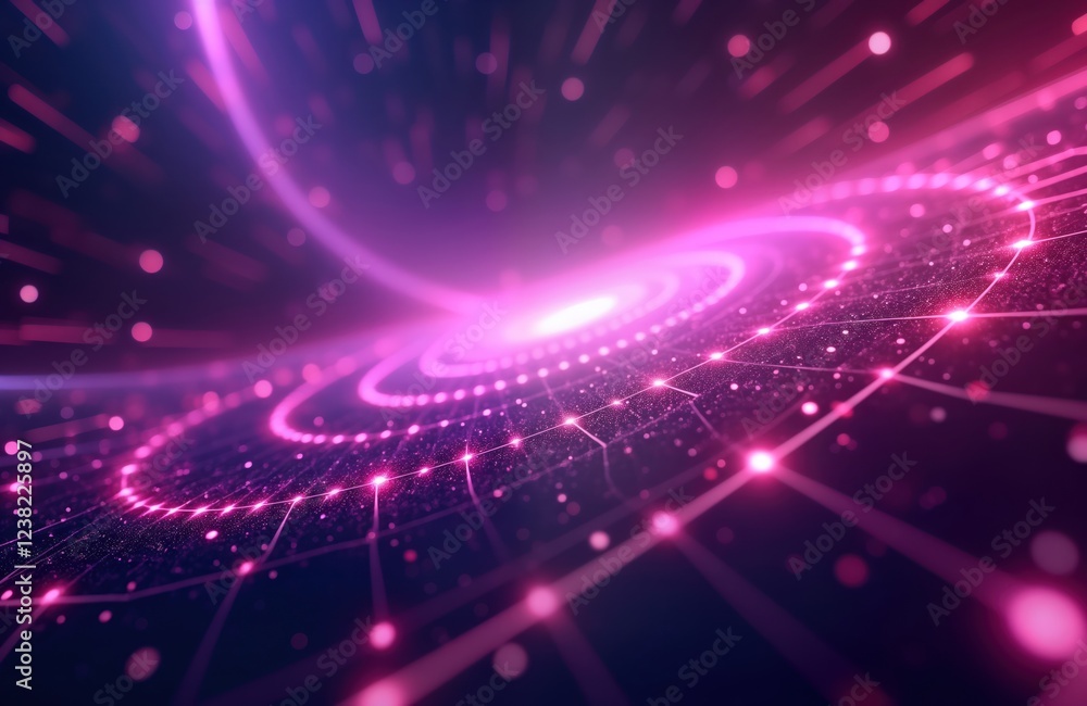 Poster abstract tech background displays dynamic purple curves. futuristic glow, light rays create sense of