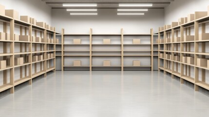 Empty storage room with shelves and boxes.