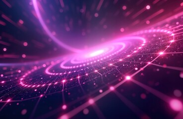 Fototapeta premium Abstract tech background displays dynamic purple curves. Futuristic glow, light rays create sense of speed, energy. Network of connected points, lines generate radiant effect. Hyperspace theme with