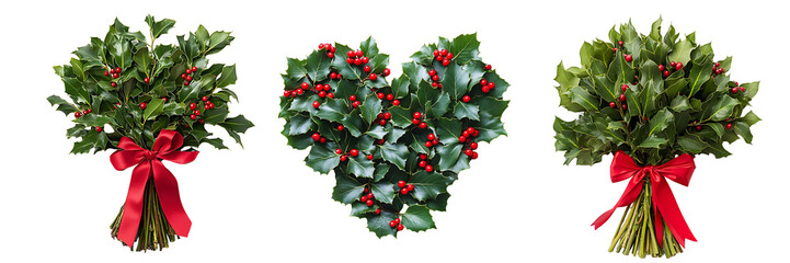 Festive Holly Arrangements Bundles and Heart Shape for Christmas Decorations set isolated on...
