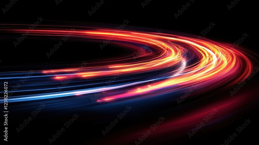Poster colorful light trails creating dynamic curved patterns on black background