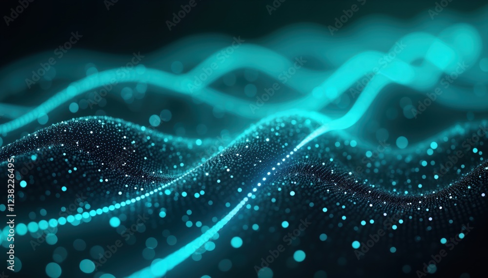 Poster abstract futuristic design element featuring diagonal neon teal glowing lines on a dark background. 