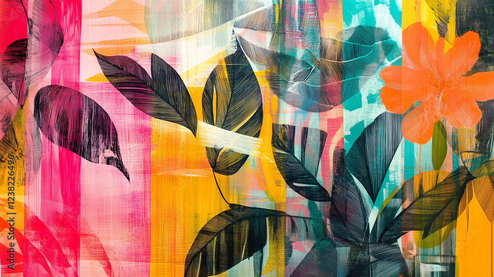 Aufkleber contemporary abstract collage showcasing vibrant colors and harmonious leaf patterns in a lively com