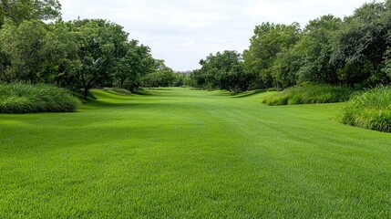 Lush green park pathway, trees, cloudy sky.  Landscaping design
