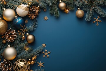 Elegant Christmas ornaments and pine on blue. Perfect for festive greetings or holiday backgrounds.