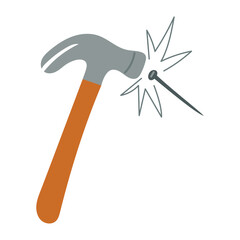 Hammer hammering a nail. Hammer has a claw on one side for removing nails