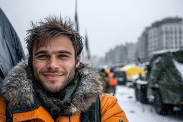 A journalist reporting live from an overseas conflict zone, standing in front of a backdrop of international military vehicles and tents