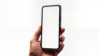 Man holds smartphone with blank screen. Empty display ready for infographic global business website design. Hand holds modern phone. Isolated on white background. Mobile phone mockup for advertising.