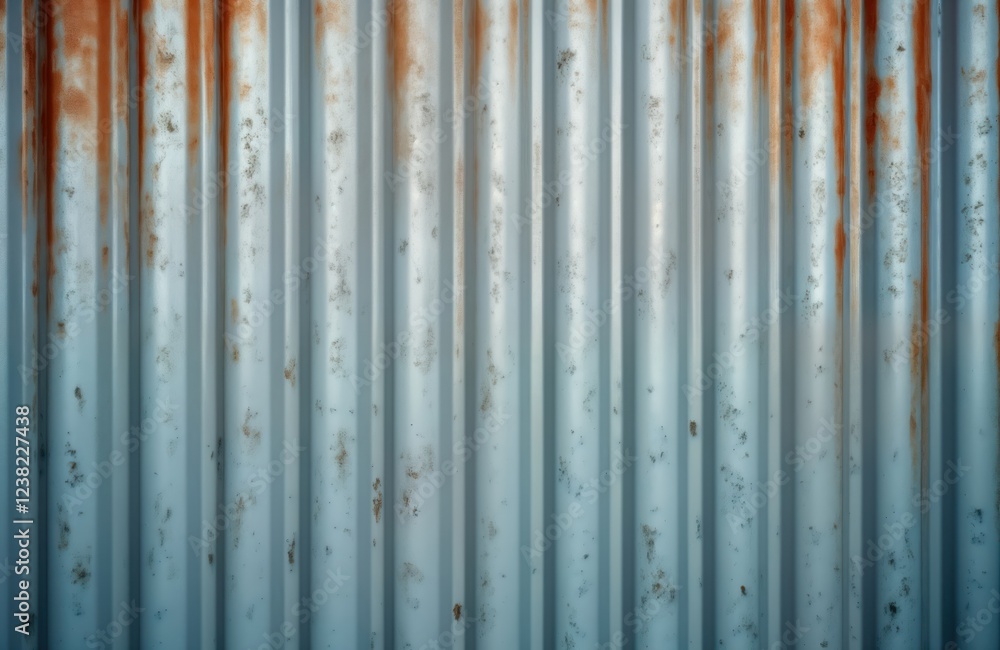 Poster corrugated sheet metal surface shows depth of field effect. grey painted metal rust stains. vertical