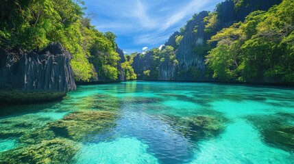 tropical lagoon surrounded by towering cliffs and lush greenery, with crystal-clear water, radiating serenity and awe.