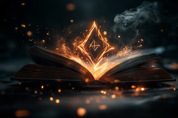 A magical book partially glowing, with pages flipping on their own and golden runes emerging from the unfinished sections, set in an enchanted library