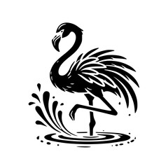 Elegant Flamingo in Water: Black and White Bird Vector Graphic
