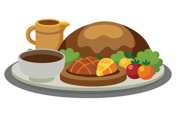 Traditional Sunday Roast with Yorkshire Pudding, Vector Illustration, Delicious Meal, Classic British Dish, White Background, Tasty Comfort Food, Digital Art