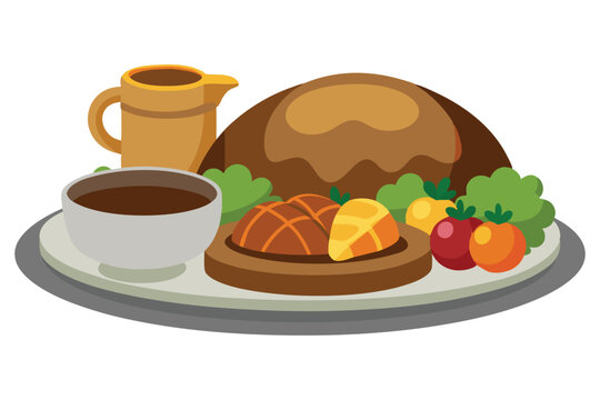 Traditional Sunday Roast with Yorkshire Pudding, Vector Illustration, Delicious Meal, Classic British Dish, White Background, Tasty Comfort Food, Digital Art