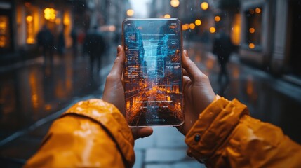 Urban Street at Night With Smartphone Displaying City Lights. Generative AI