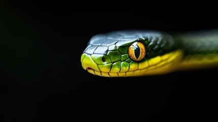 Lunar snake gliding gracefully against a black backdrop, showcasing its elegant colors and captivating eyes during a peaceful nighttime exploration