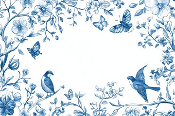 Beautiful blue and white porcelain pattern featuring birds, butterflies, and flowers, showcasing intricate designs with nature motifs in a delicate garden setting