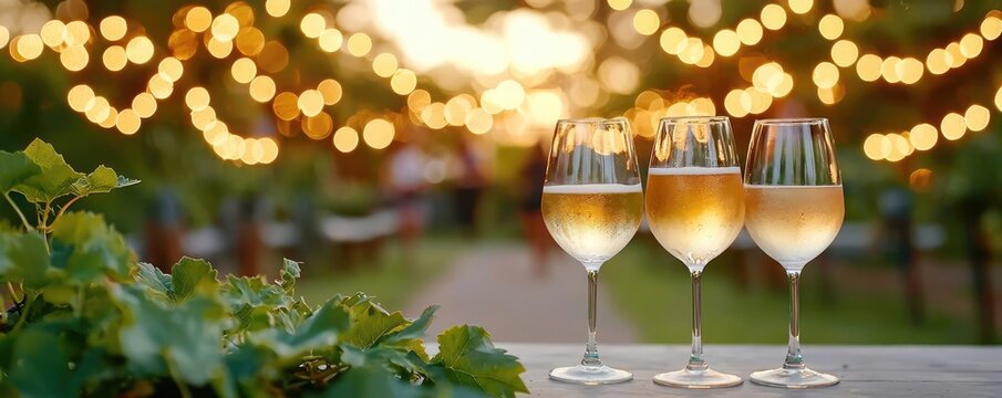 Reunion party idea. Three elegant glasses of sparkling wine set against a backdrop of warm, glowing lights.