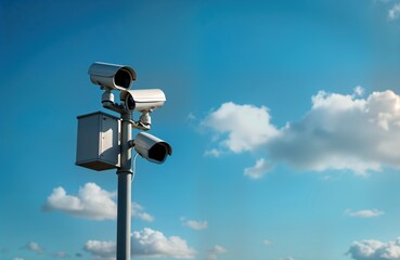 Modern speed control tech system. Automated traffic monitoring system with multiple cameras. System detects traffic speed. Potential fines for speeding sent by mail. Safe city traffic management.