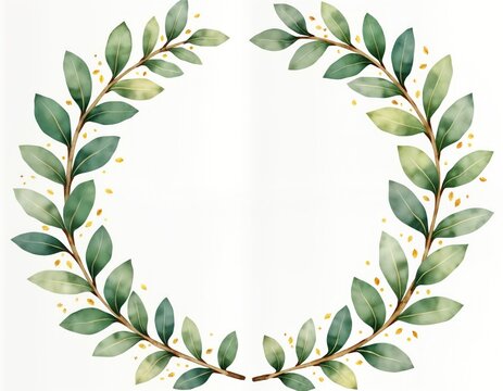 Watercolor illustration of green, golden eucalyptus leaves forming circular wreath. Round shape. Beautiful botanical design suitable for wedding invitations, greeting cards stationery. Hand-drawn