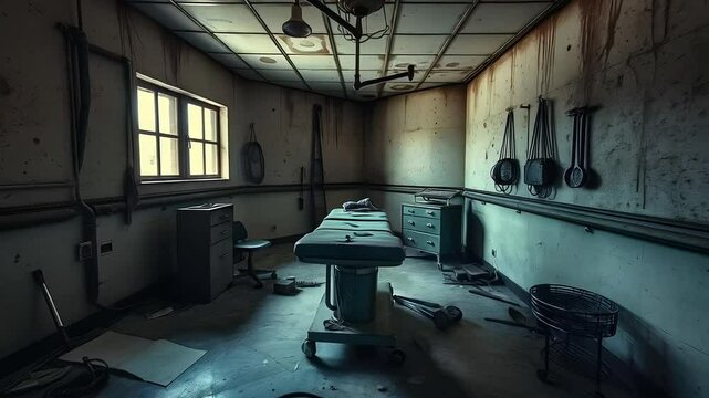 Sinister abandoned hospital torture chamber with a dilapidated operating table, rusty tools, and dim lighting