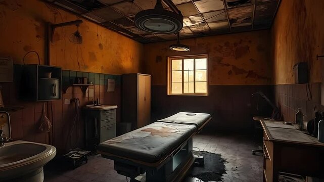 Abandoned old torture chamber with a decrepit operating table, scattered rusty tools, and ominous stains