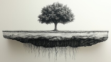 A solitary tree stands atop a floating island of earth and exposed roots