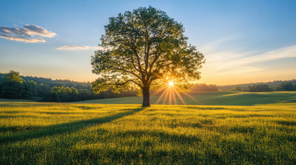 A serene landscape featuring a solitary tree at sunset, casting long shadows over a grassy field.