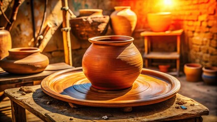 Fototapeta premium Rustic clay pot, handcrafted, sits on a wooden plate. Outdoor pottery workshop scene.