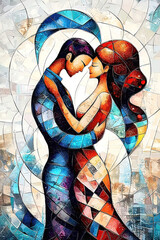 Valentine's Day meets cubism in a cosmic romance. Colorful Mosaic Embrace of Two Lovers in Artistic Style