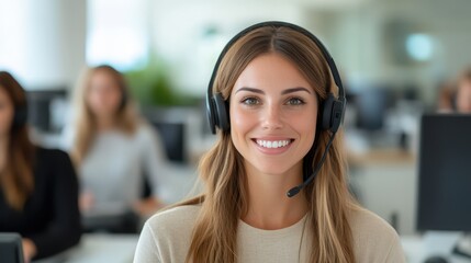 A cheerful and approachable call center operator interacts with clients throughout a bustling workday at a contemporary office environment