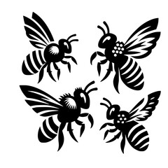 Striking Black and White Bee Illustration: A Vector Graphic Design of Four Honeybees in Flight